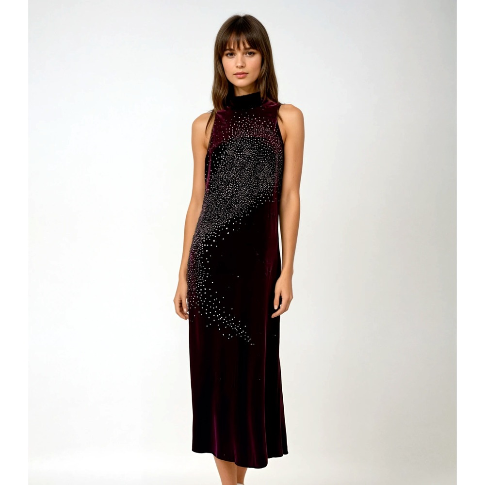 Vintage Y2K Red Velour Mock Neck Beaded Maxi Dress Size S Whimsygoth Fairy Prom